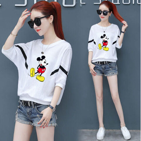 MIERI Summer Casual Blouse for Women Mickey Mouse Printing Loose T-shirt for Girls 1/2 Sleeve Korean Style Tops for Female