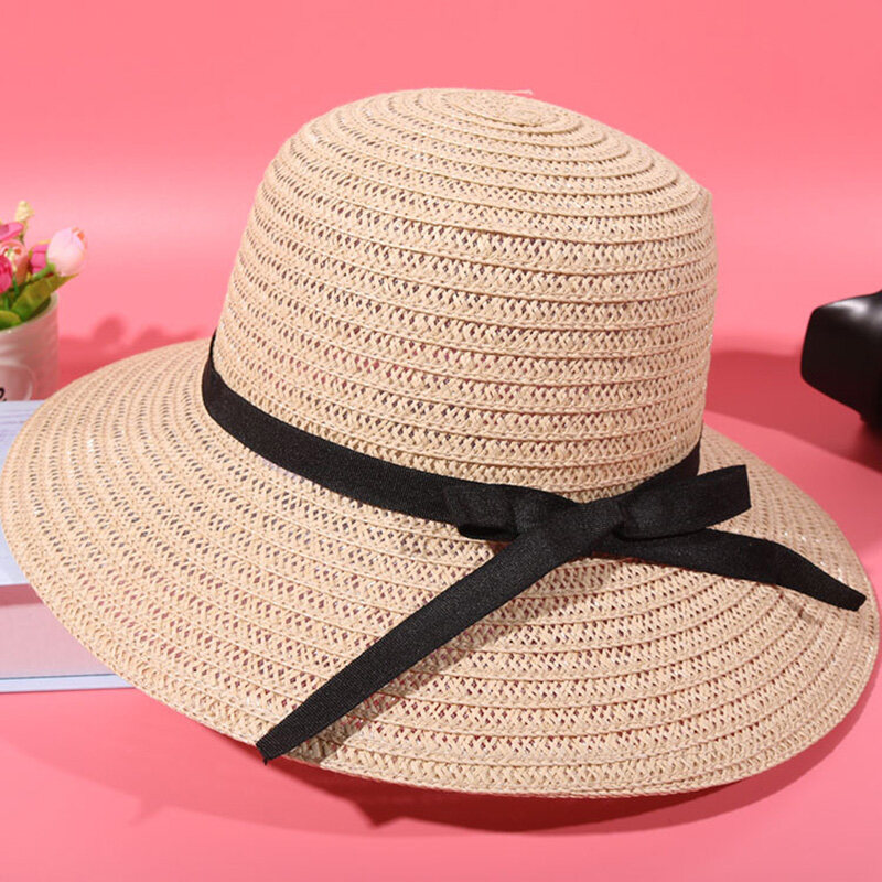 FAITOLAGI Summer Straw Hat Women Wide Brim Beach Sun Hat Foldable Floppy Panama Bow Ribbon Ladies Cap