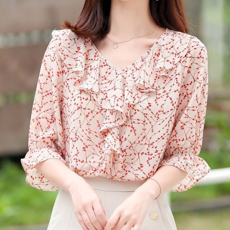 Summer Women's Chiffon Blouse Elegant V-Neck Floral Printed T-Shirt 3/4 Sleeve Tops