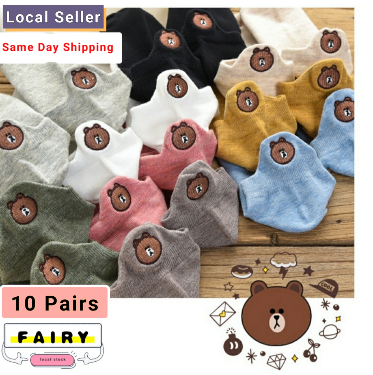 (10 pairs)Woman Cute Embroidered Cartoon Bear Cotton Socks Kawaii Candy Color Breathable Comfortable Boat Socks Female Casual Sock Ladies Ankle Socks
