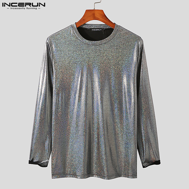 INCERUN Mens Long Sleeve Blouse O-Neck Fit Shiny Party T Shirts (Western Style)