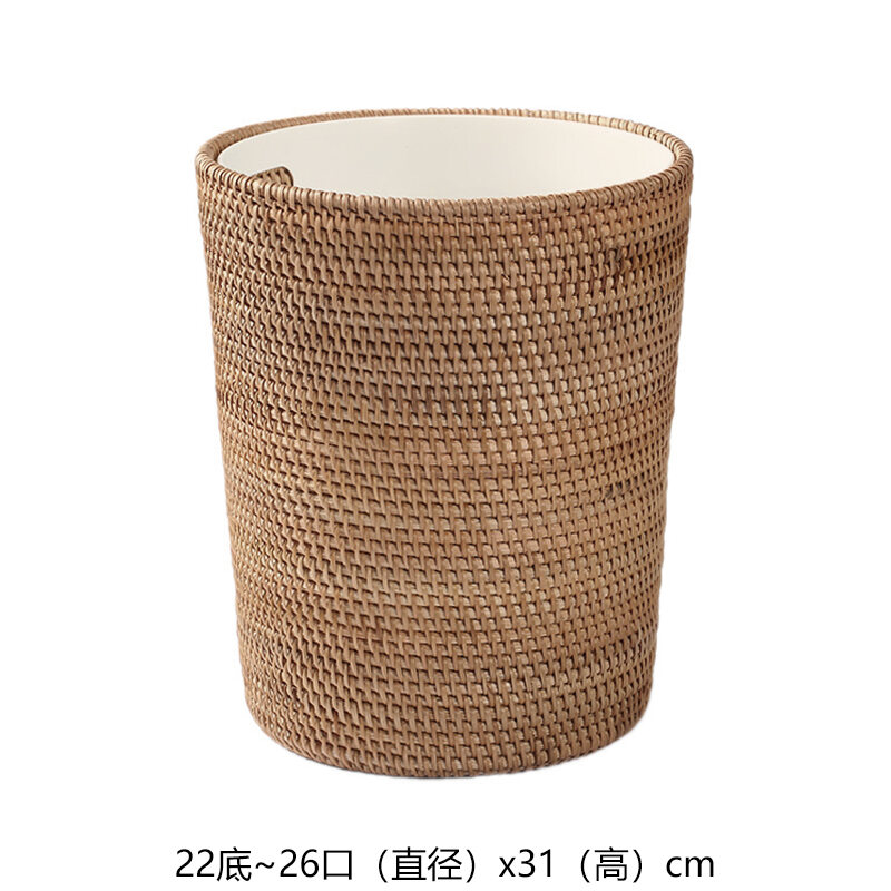 Solid Wood Rattan Household Living Room Trash Can round Bedroom Vintage Storage Bucket Handmade Personalized Study Desktop Paper Basket