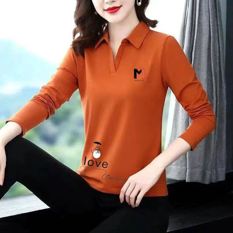 Polo Shirt for Women Long-sleeved T-shirt for Women Spring Autumn New Temperament Lapel Top Printing Fashion Bottoming Shirt