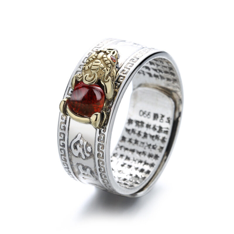 IY-New Natural Garnet Heart Sutra Ring Pixiu Ring Auspicious Cloud Ring Lucky Ring Brings Wealth Ring Men and Women's Rings