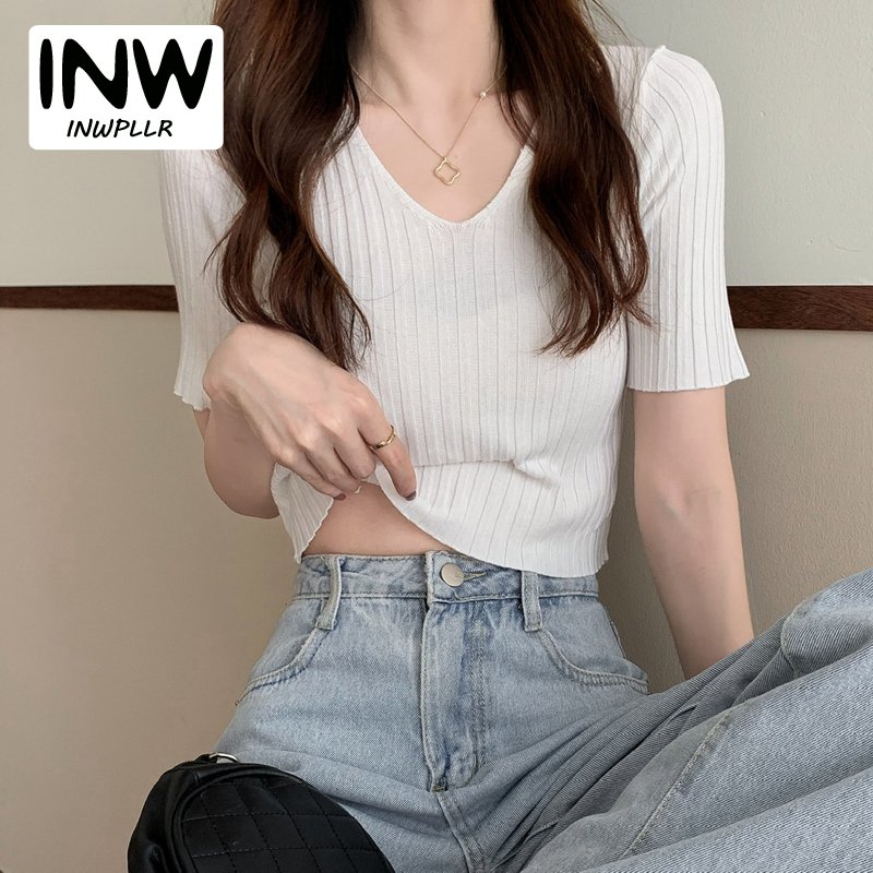 INWPLLR Women's Ins Tide T-shirt Summer V-neck Short Sleeve Section Exposed Navel Tops Casual T shirts Female