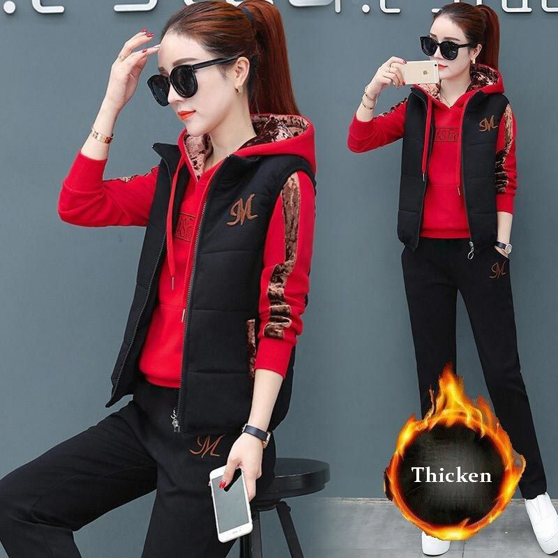 3 Piece Set Women Suit Tracksuit Winter Hoodies+Vest+Pants Track Suit Plus Velvet Warm Sporting Suits Female Clothes