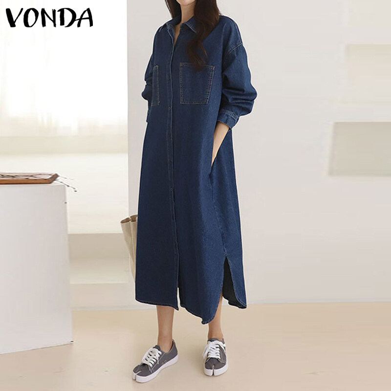 (Korean Style) Fancystyle Women Long Sleeve Retro Loose Denim Dress Party Formal Dresses Kaftan Maxi Dress