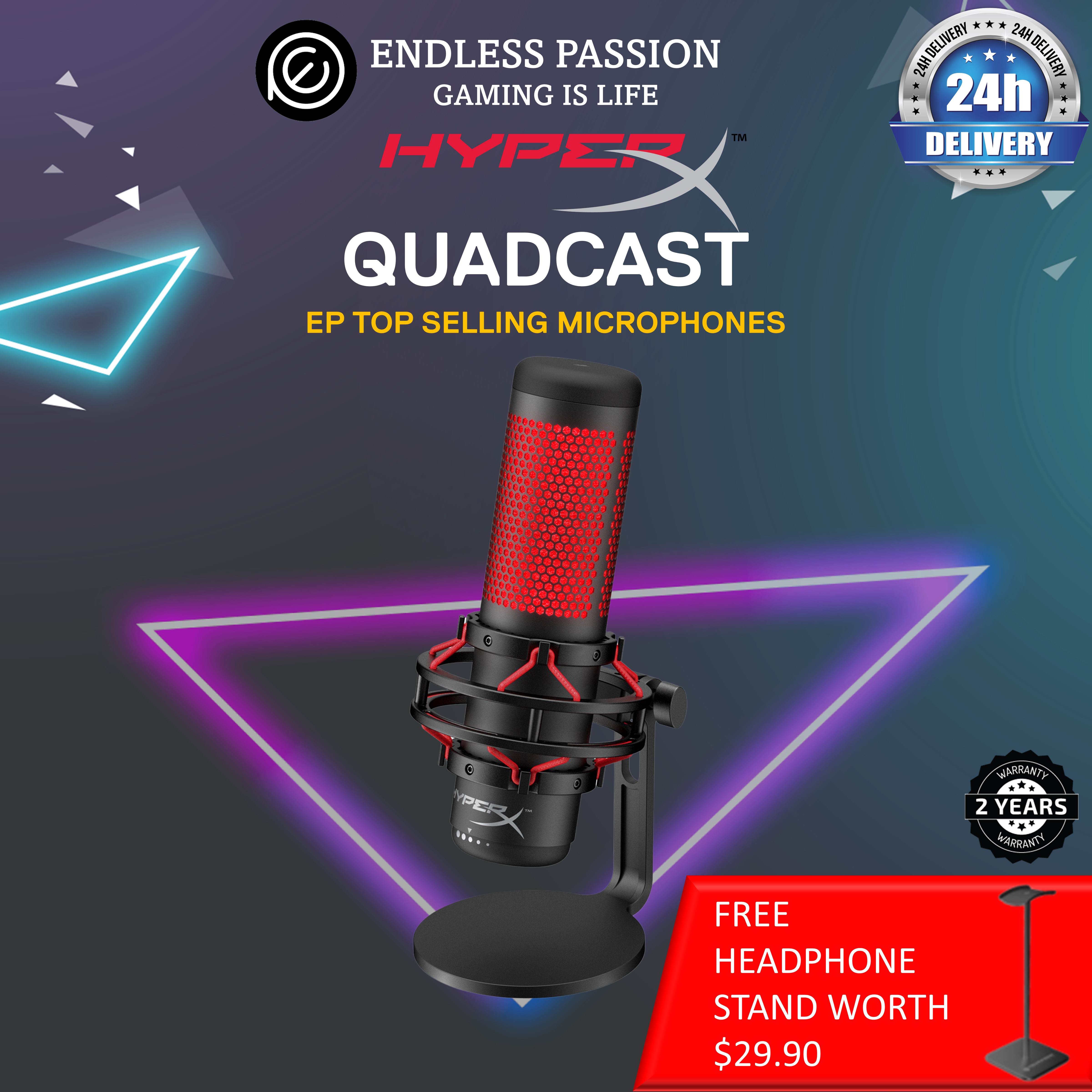 HyperX QuadCast USB Condenser Gaming Microphone, for PC, PS4, PS5 and Mac, Anti-Vibration Shock Mount, Four Polar Patterns, Pop Filter, Gain Control, Podcasts, Twitch, YouTube, Discord, Red LED