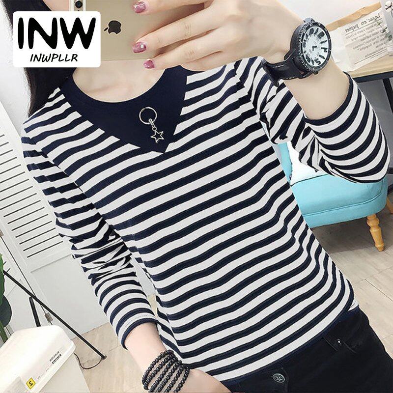 INWPLLR Autumn Women T-shirts Striped Patchwork T-Shirts Korean Long Sleeve Large Size Tops Female Casual O-Neck Tshirts  For Women