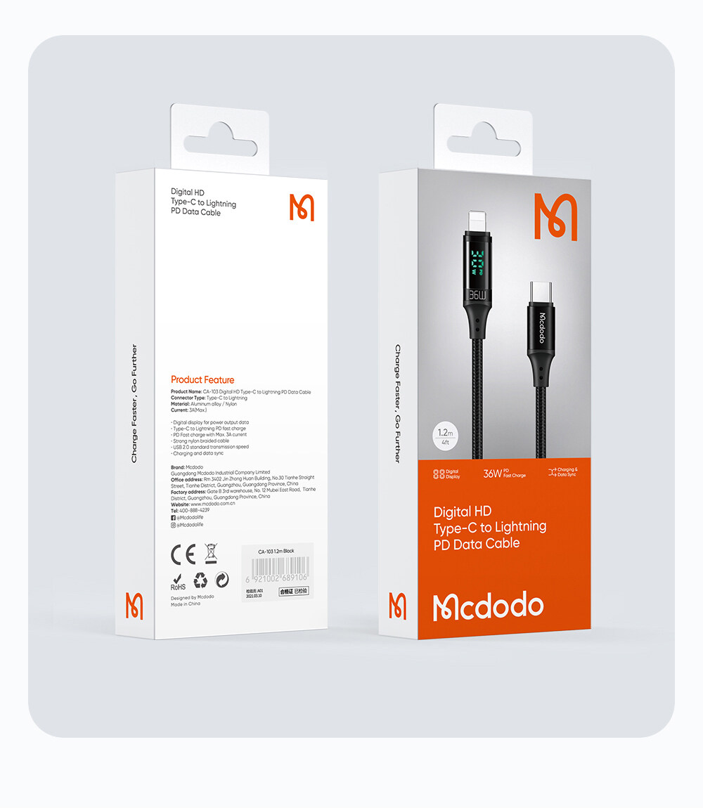 Mcdodo PD 36W USB Type C to Lightning 3A Fast Charging Cable For iPhone 14 13 12 11 Pro Max X XS 8 iPad Pro Digital Display Data Cord