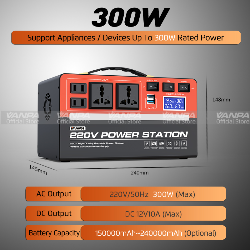 VANPA Portable Power Station 300W/600W AC 220V Output Large Capacity Battery Powerbank For Camping Emergency Backup Power