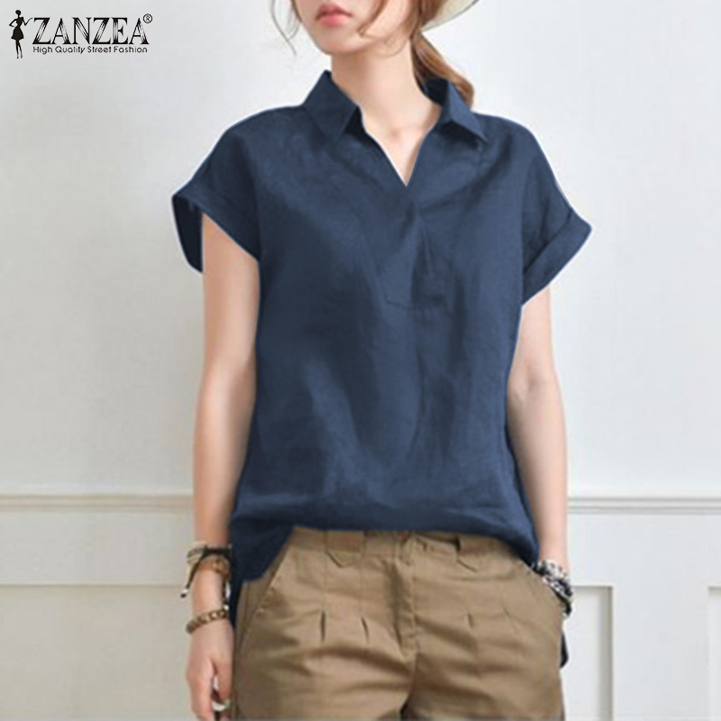 Forevercan ZANZEA Women Short Sleeve V Neck Shirts Summer Cotton Linen Casual Plain Tops Blouse
