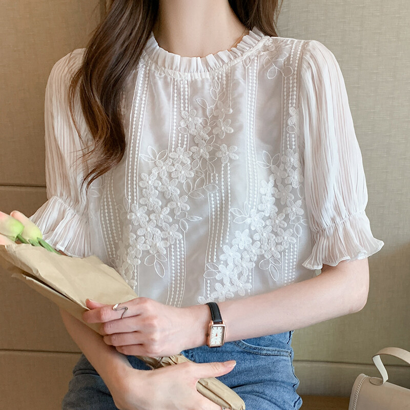 YIGE 2022 Summer Trumpet Sleeve Top Short Sleeve Chiffon Blouse White Lace Blouse Elegant Top