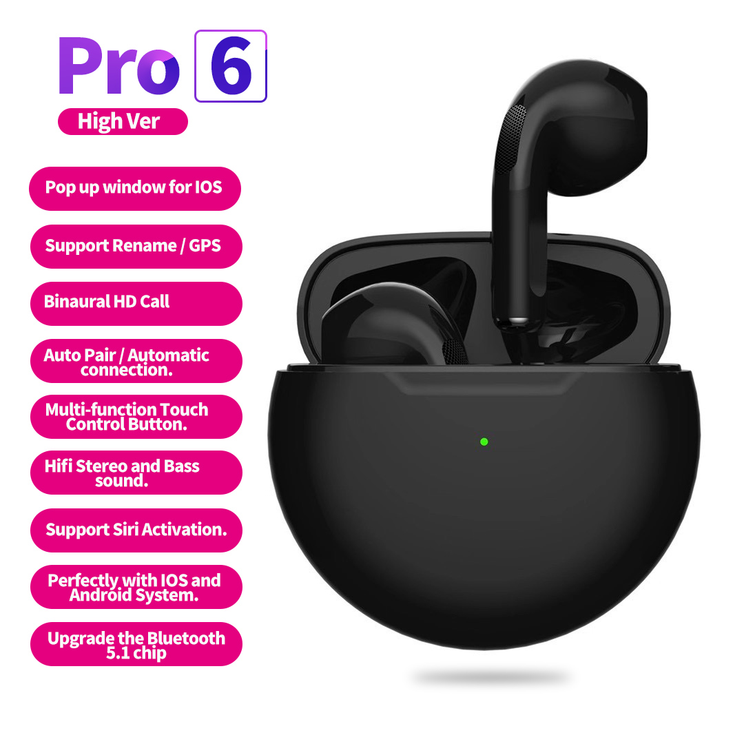 TWS Wireless Headphones Bluetooth Earphone Earbuds Bass Headset Air Pro 6 Sport Earpiece With Mic For Apple Xiaomi