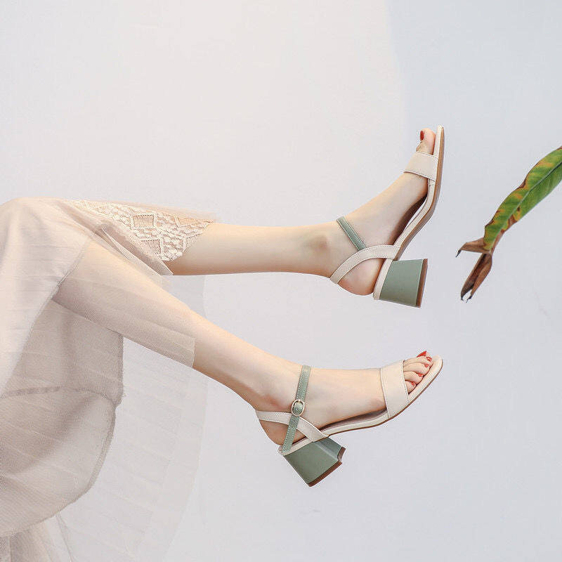 ⭐️ SW ⭐️ Shoes Women Heeled Sandals Women House Slippers Women Summer New Fashion All-match Mid-heel Thick with Korean Style Collocation Skirt Sandals Women