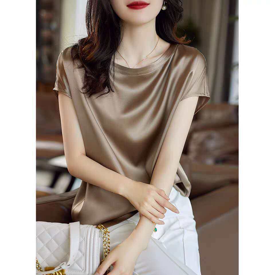 EDQRDQ Women's Short Sleeve Satin Blouse Casual Loose Silk Tops Round Neck Shirt