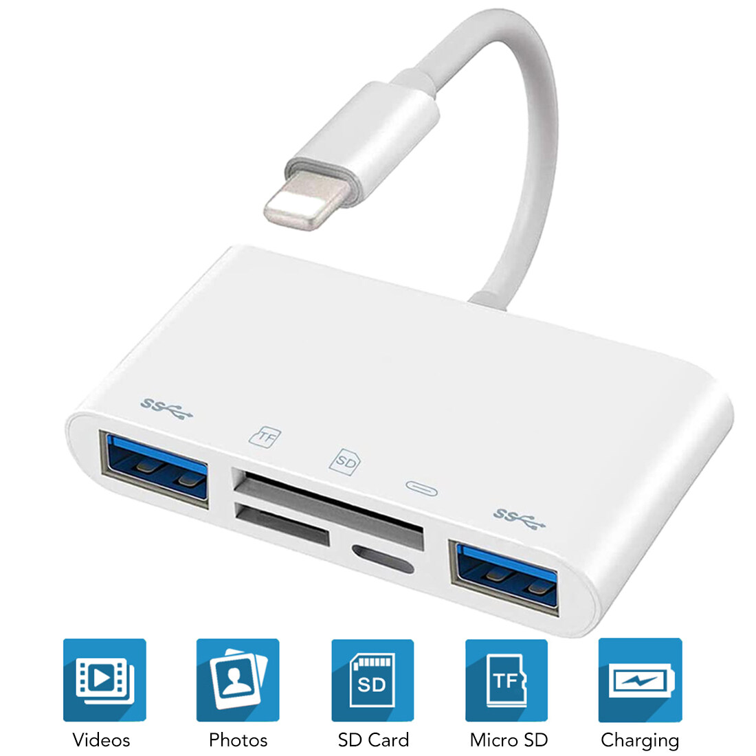 5 In 1 for Lightning To Camera SD TF Card Reader Dual USB OTG  Adapter Cable for iPhone 11 / X 8 7 Plus IPad 4, Support SD T-Flash Card Reader, MIDI Keyboard, USB Ethernet Adapter, Hubs, Mouse