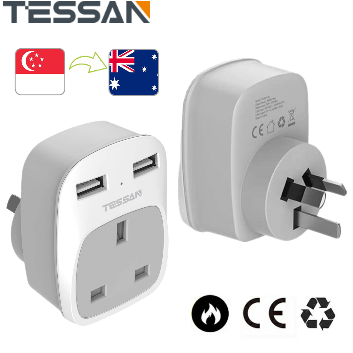 TESSAN Australia China Plug Adapter with 2 USB Ports, Grounded AU Outlet Travel Adapter - 3 in 1 Power Adaptor for UK to Australian TESSAN 3 in 1 Power Socket for UK to Australian New Zealand Fiji Arg
