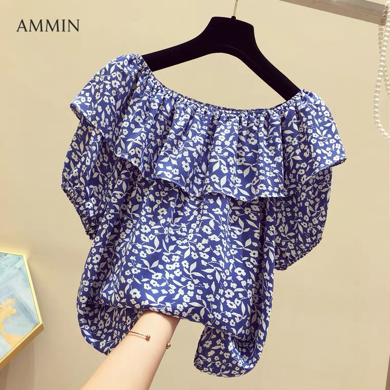 AMMIN Tops 2021 new Korean version of ruffled stitching color loose fashion short style blouse women's summer short-sleeved elastic one-word neck floral print chiffon shirt