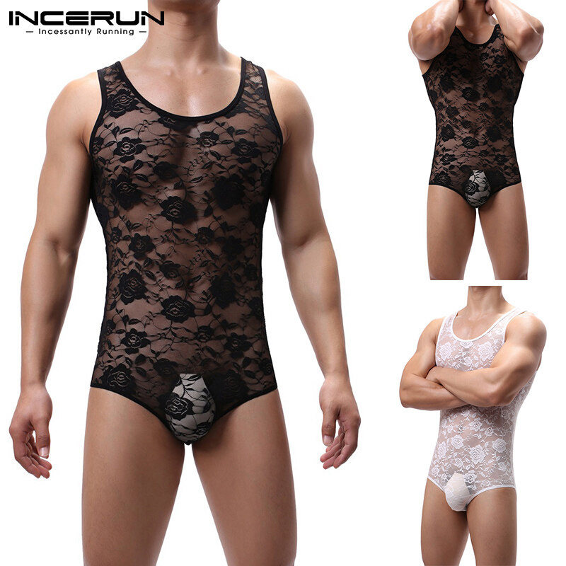 Beehoo INCERUN Men Mesh Sheer Bodysuit Playsuits Vests Gym Tank Panties Romper Underwear Shorts