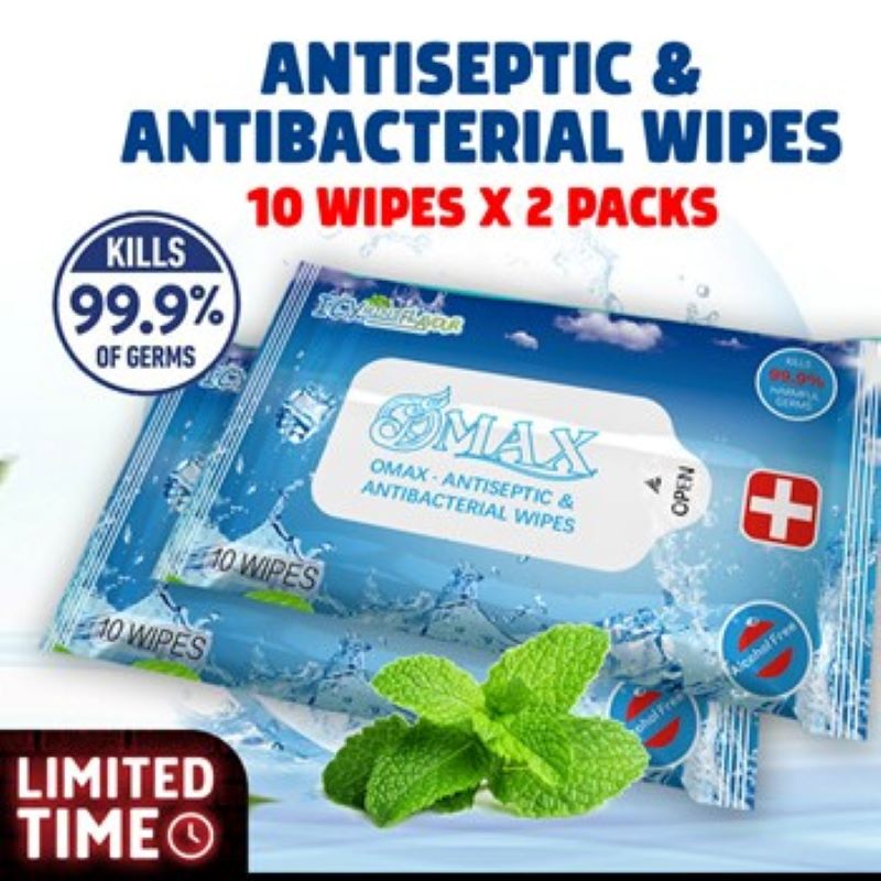 OMAX SG ✨ ANTISEPTIC-ANTIBACTERIAL WET WIPES ✨ GYM  OUTDOOR  TRAVEL 10 WIPES/ PACK ✨ QTY x 2