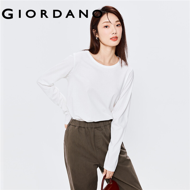 GIORDANO Women T-Shirts 100% Cotton Simple Plain Color Basic T-Shirts Long Sleeve Crewneck Casual Relaxed T-Shirts 13322882