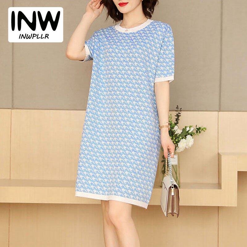 INWPLLR Women's Fashion Dresses Houndstooth Dress Casual Korean Short Sleeve Round Neck Ladies Dress All-match Fashionable Dress
