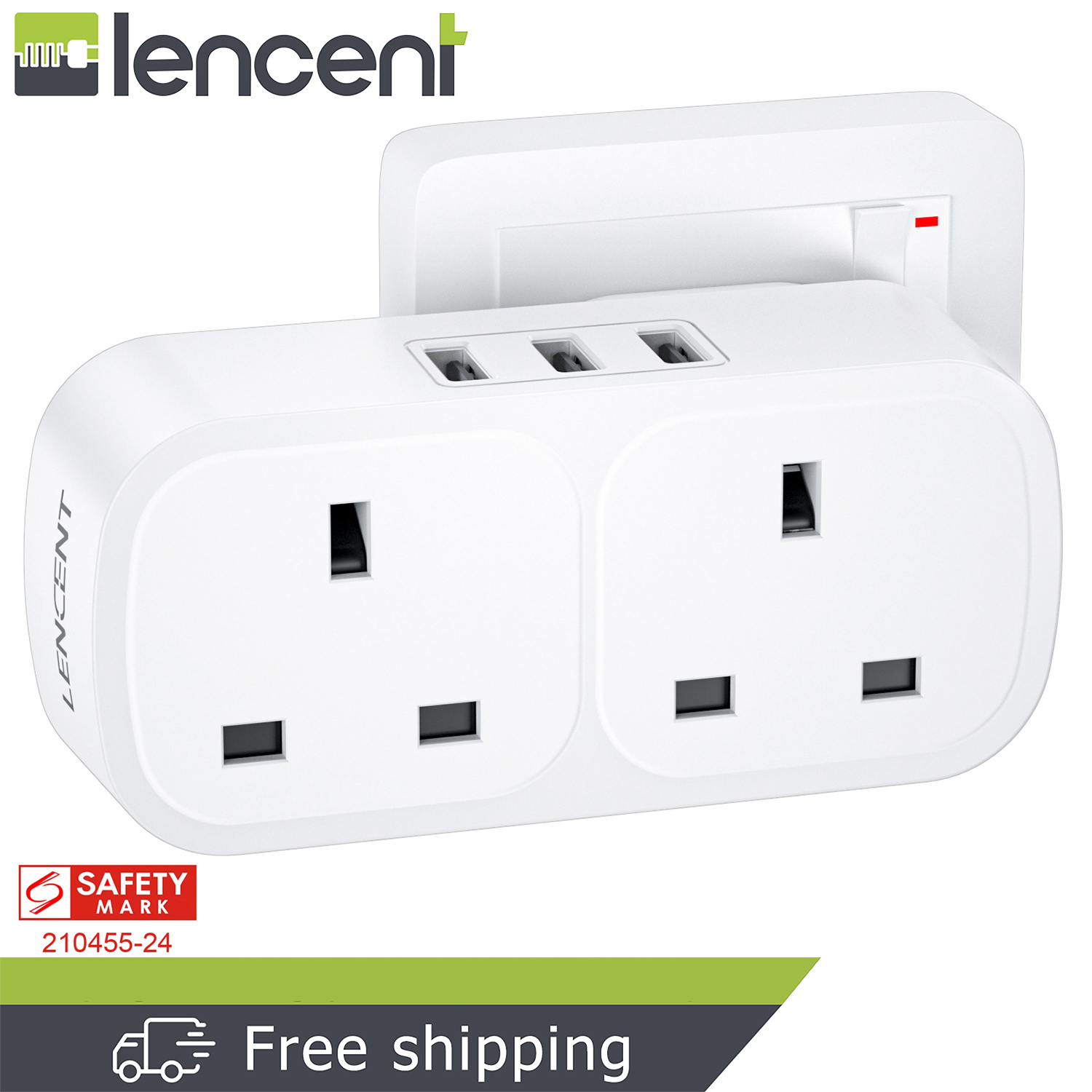 LENCENT 5 in 1 Charger with 2 AC Outlet and 3 USB Ports Plug Extension 2 Way Multi Charger Plug Adaptor Wall Socket for Home Office, 13A 2860W