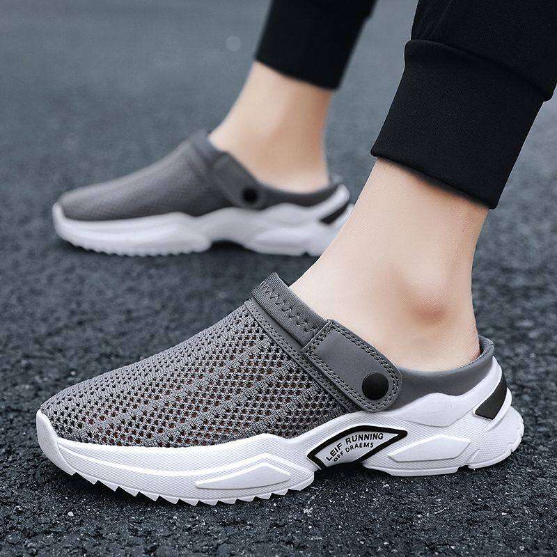 Half Slippers Men's Summer Slippers Lazy Heel-Free Slip-on Mesh Sandals Closed Toe Sandals Trendy Semi Slippers
