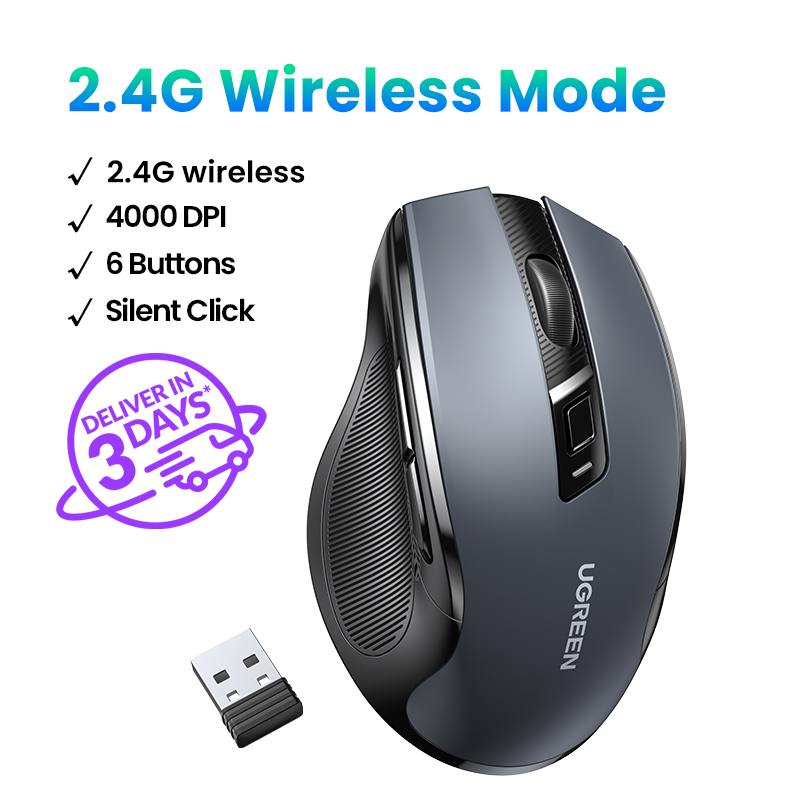 UGREEN Wireless Mouse, 6 Silent Buttons, Bluetooth 5.0 and 2.4G Wireless with USB Mini Receiver, 5 Level DPI Setting 4000DPI, Ambidextrous PC / Mac /Linux Laptop