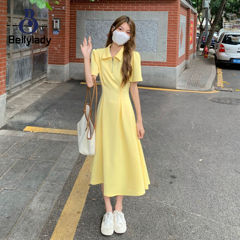 BellyLady Women Polo Slim Fit Dress Solid Color Short Sleeve High Waist Student Vacation Dress