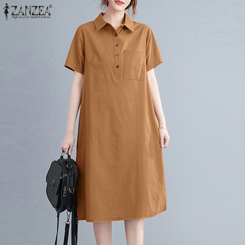 ZANZEA Women Casual Short Sleeve Shift Dress Summer Plain Commute Midi Shirt Dresses