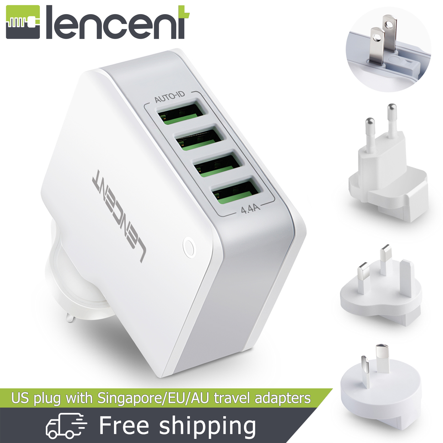 Lencent USB Charger Plug 4-Port USB Universal Travel Adaptor Plug 22W/5V 4.4A Wall Charger with Singapore/USA/EU/AUS Worldwide Travel Charger Adapter Multi Plug for iPhone iPad Android Tablets and Mor