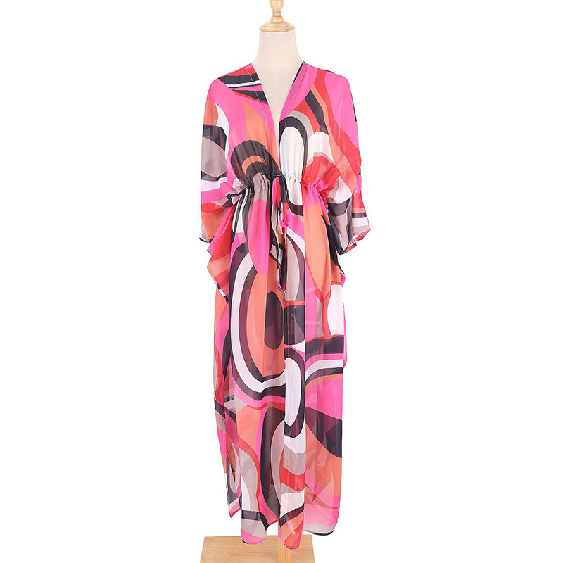 2023 Chiffon Printing Beach Cover Up Tunic Women Drawstring Beach Cardigans Colorful Maxi Dress Bikini Cover Ups