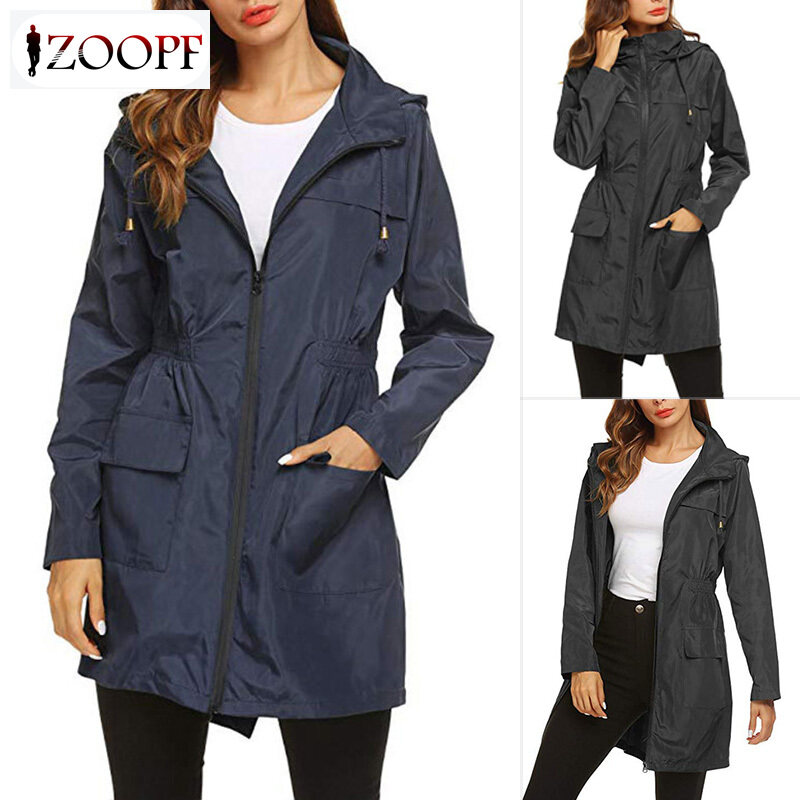 ZOOPF Women Zipper Hooded Raincoat Waterproof Quick-drying Breathable Windproof Long Coat