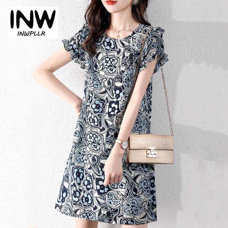 INWPLLR Age-reduction Fold Dresses Simple Style Mini O-neck Dress For Women Summer Tropical Floral Dresses