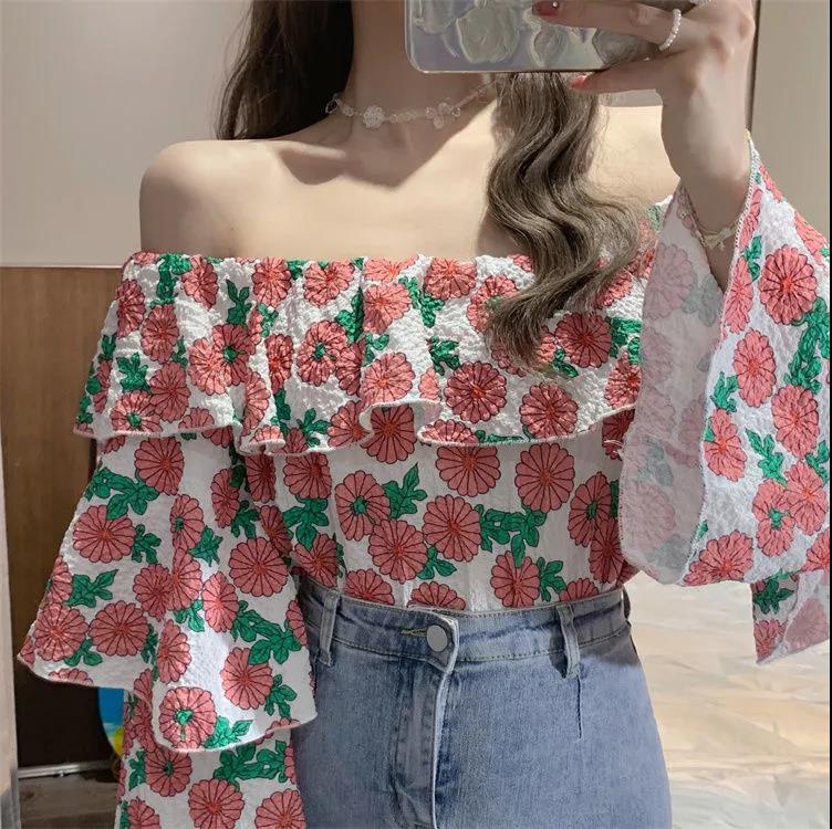 EDQRDQ Women's Casual Off Shoulder Floral Printed Ruffle Tops 3/4 Sleeve T Shirts Loose Summer Blouses Shirt
