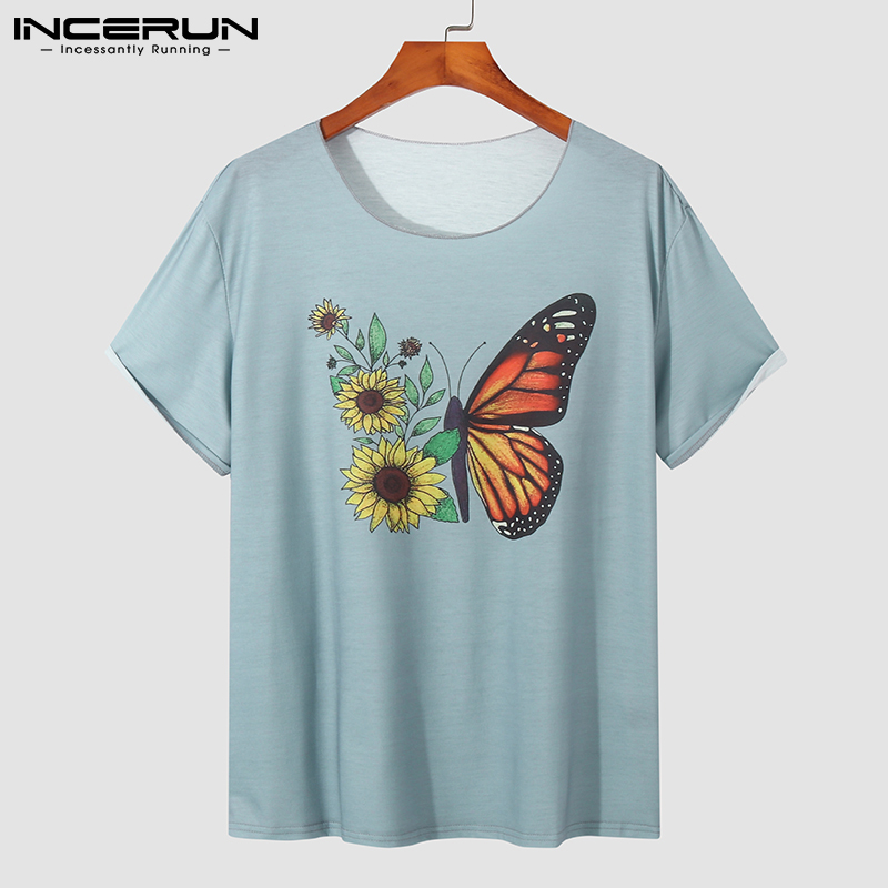INCERUN Mens Hawaiian Butterfly Printed T Shirts Short Sleeve Crew Neck Casual Tee Tops (Western Style)