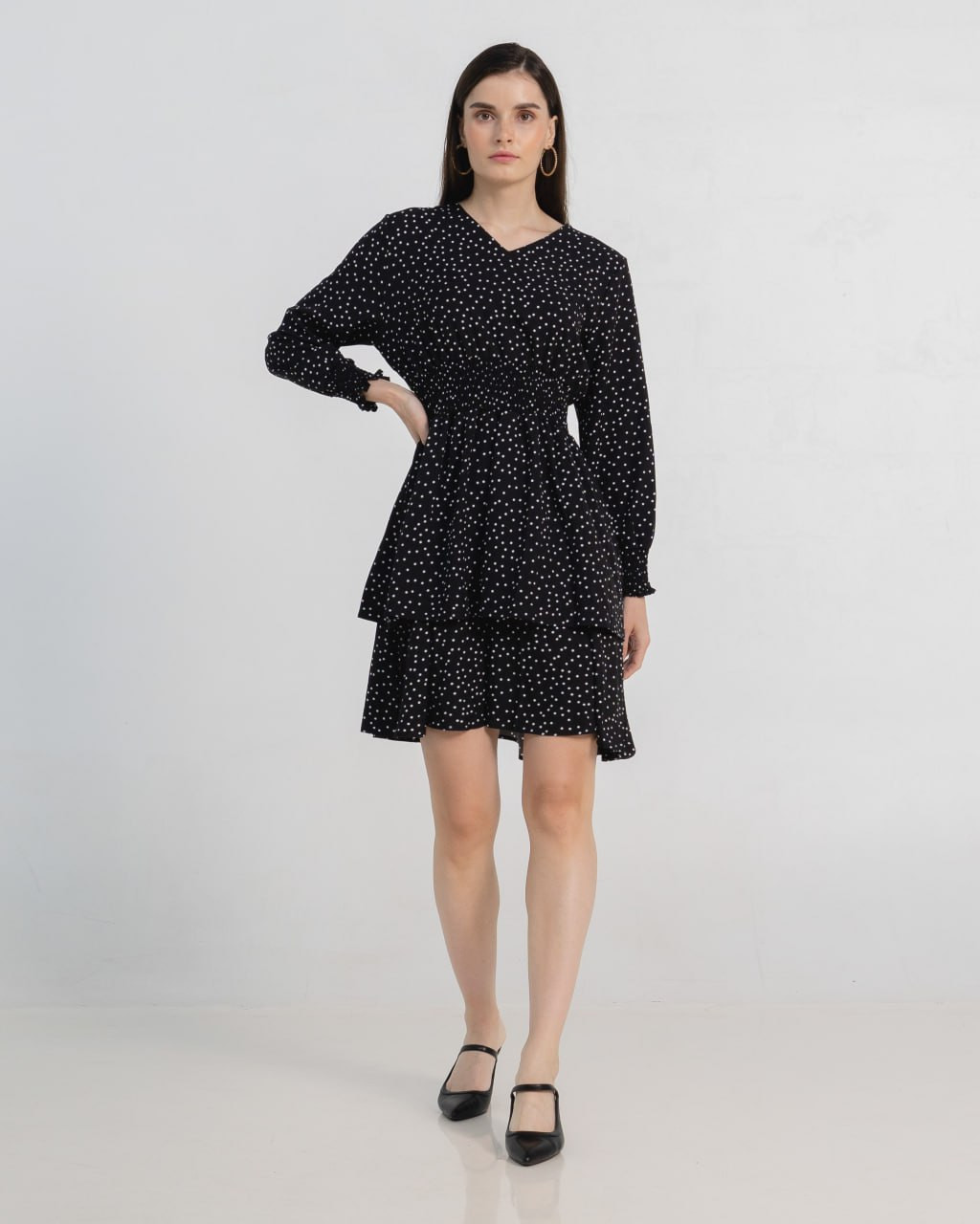 Yorina Polkadot Midi Black Dress