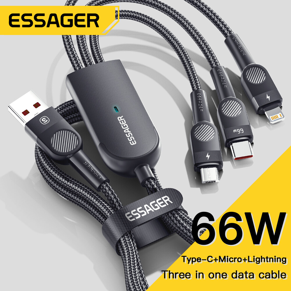 Essager PD 66W 3 In 1 Micro USB Type C  Lightning Cable For iPhone Samsung Xiaomi Huawei OPPO VIVO Multi Charger Fast Charging USB Type-C Cable Cord