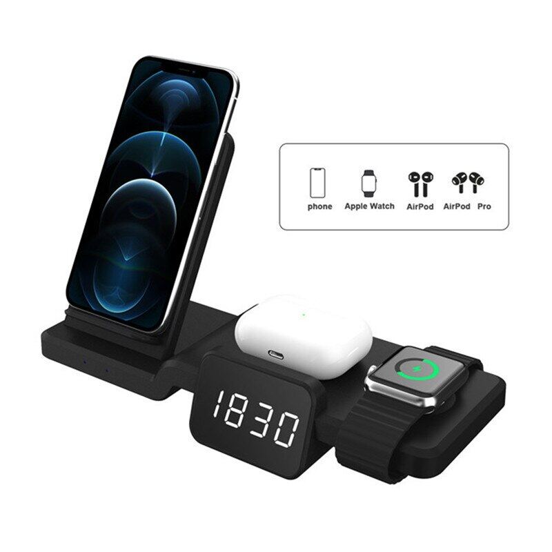 HOCE 5 in 1 Wireless Charger Fast Charging Dock Station with Clock Time Display For iPhone AirPods iWatch 6 SE Wireless Charger Stand