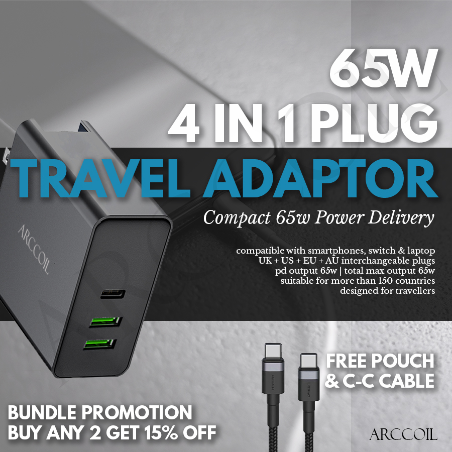 Arccoil 65W Power Delivery Travel Adaptor Universal Designed for UK US EU AU Over 150 Countries.
