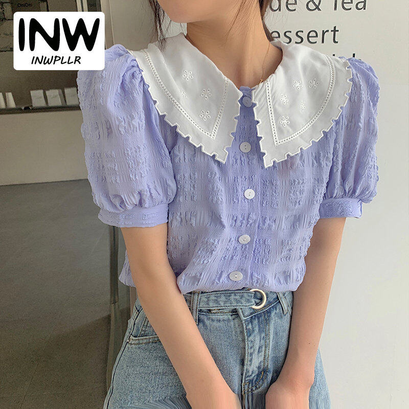 INWPLLR Fashion Trends Taro Purple Blouses Women Korean-style Peter Pan Collar Tops Summer Sweet Short Sleeve Button Shirt Female