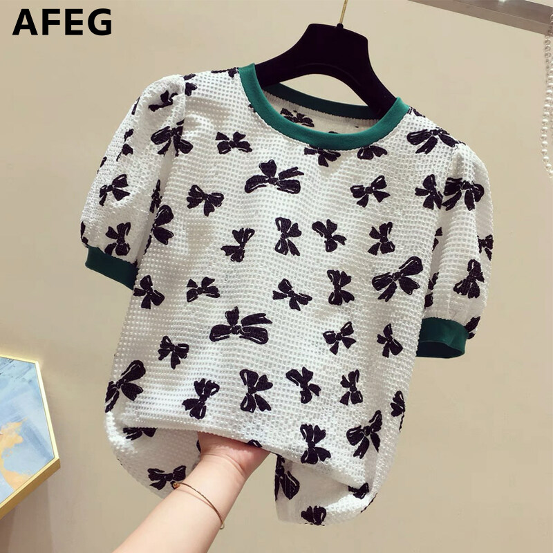 AFEG new Korean version round neck fashion loose all-match bow print chiffon short-sleeved blouse for women