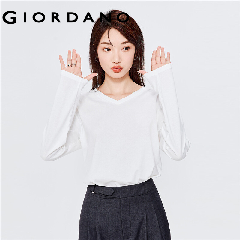 GIORDANO Women T-Shirts V-Neck Classic Plain Color Simple Basic T-Shirts Long Sleeve 100% Cotton Casual Comfy T-Shirts 13322759