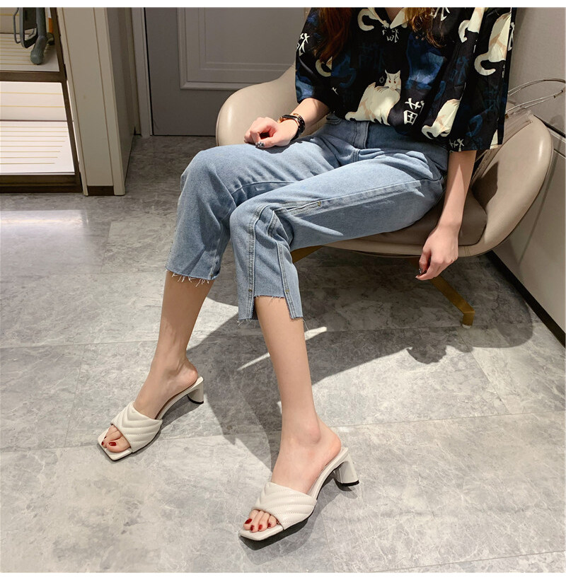 Fashion Elegant Womens Slippers High Quality Solid Cozy PU Leather Square Toe Sandals Femme Low Heel Party Dress Shoes