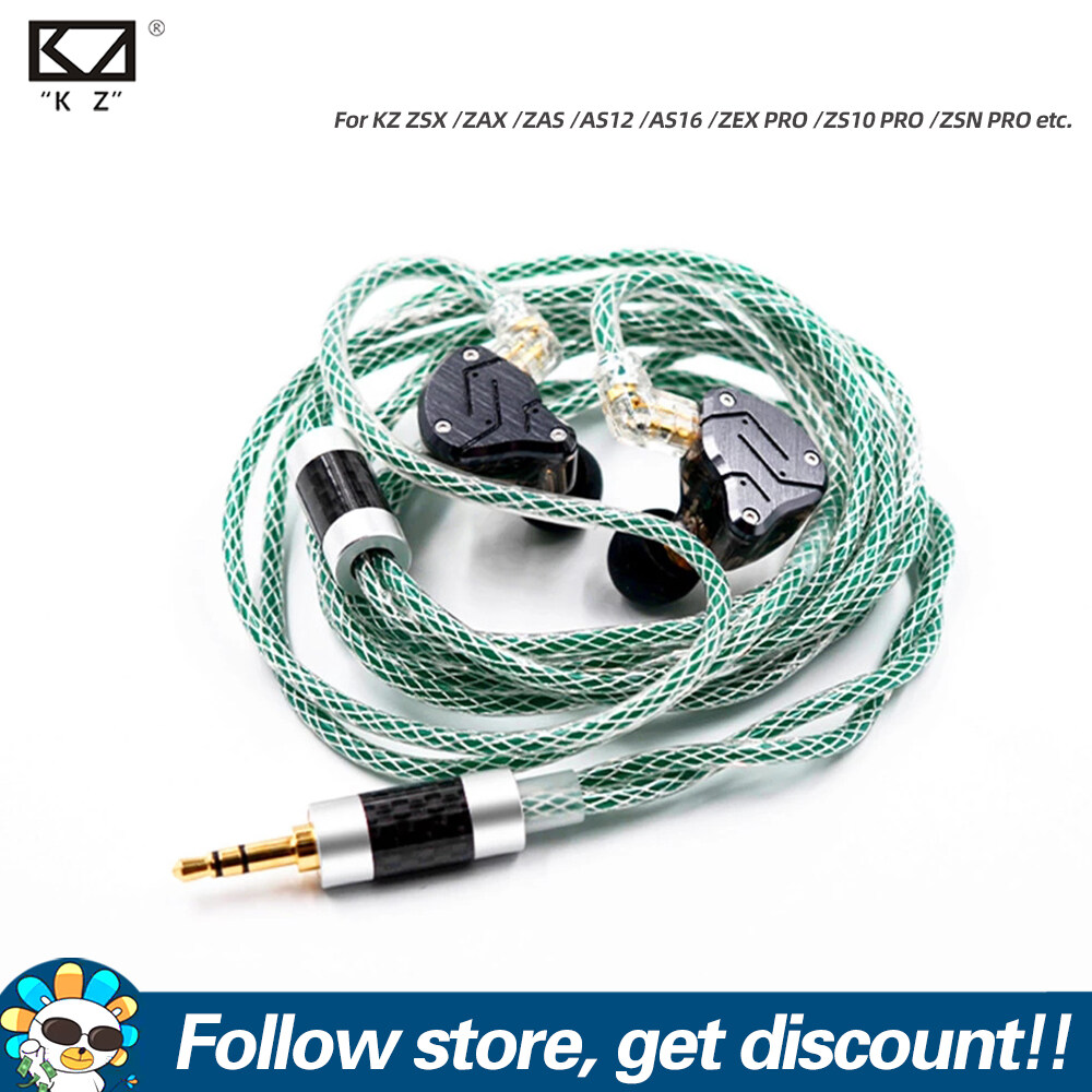KZ Transparent Green Upgrade Headset Cable Braided Net 8 Cores OFC Silver Plated Earphones Replament Cable 2 Pin 0.75mm Gold Plated Carbon Fiber Plug Professional Headphone Cord For KZ ZSX ZAX ZAS AS1