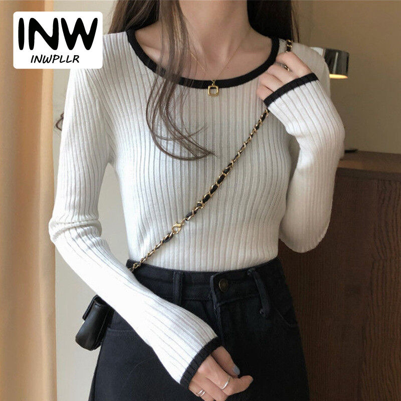INWPLLR Korean Style Women's Tshirts Solid Knitted Tops Tees Multi Colors Female Tops Casual O-Neck Long Sleeve T-shirts
