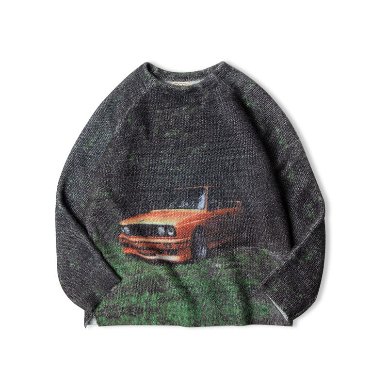 Maden brand Workwear style men hip-hop American 1980S retro sports car print crew neck sweater thick draped knit men academic sweater