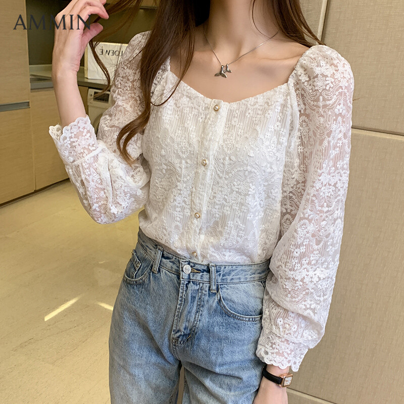 AMMIN new Korean wild crocheted long-sleeved lace shirt For Women Fashion Square Neck Slim Top Lady Embroidered Blouse